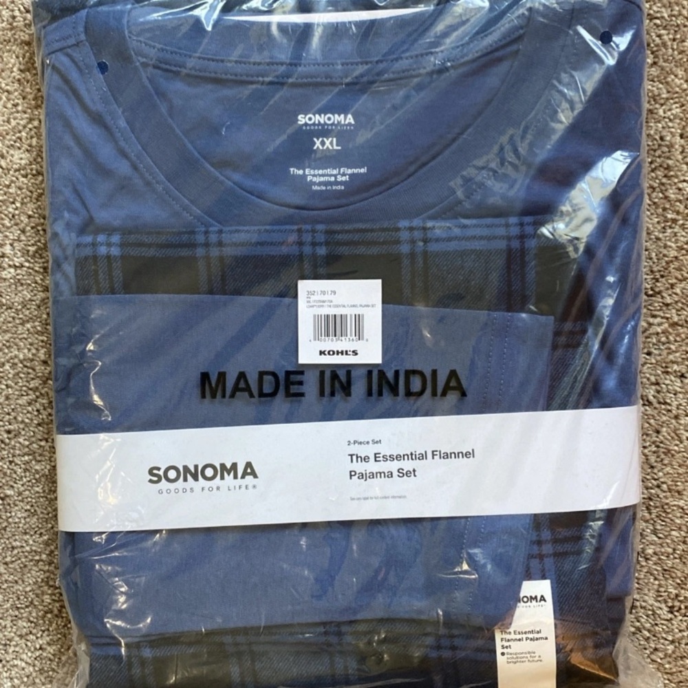 NWT Men’s Sonoma Flannel Plaid Pajama Set 2-Piece Crew Neck XXL Blue/Black